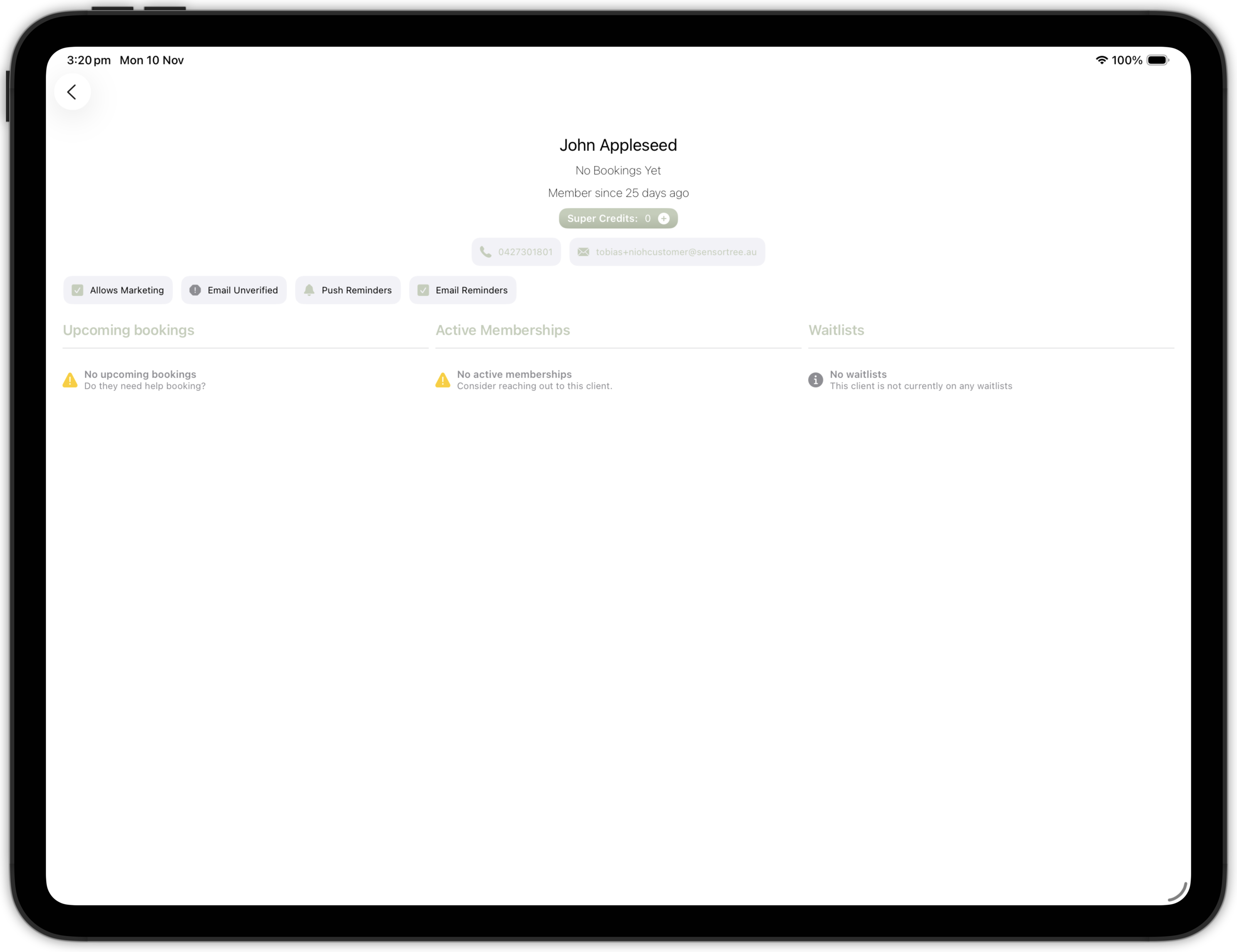 A client profile in the Admin tab on iPad