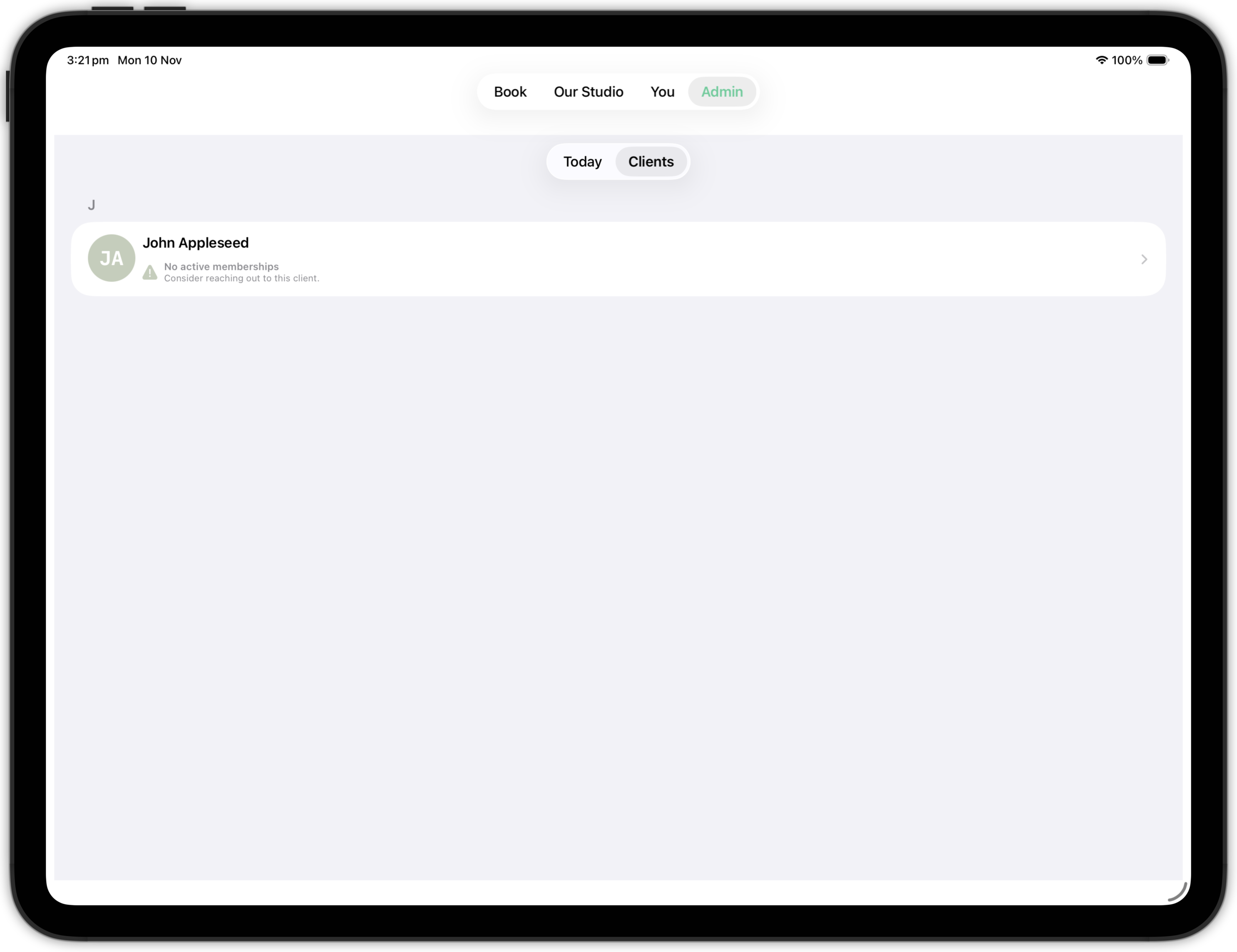 The Clients section of the Admin tab in Clovo on iPad