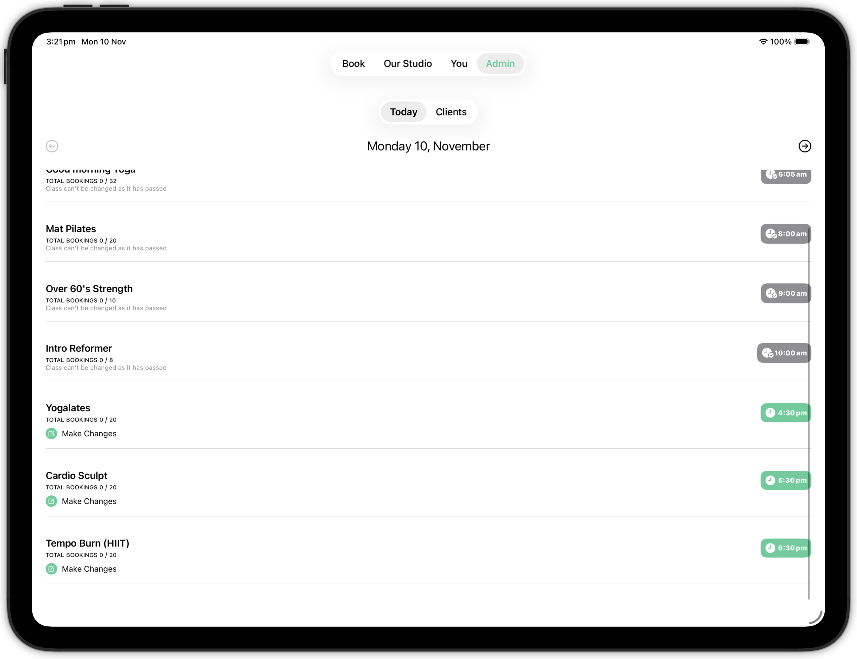 The Admin tab in Clovo on iPad, showing the Today view with the day's class schedule