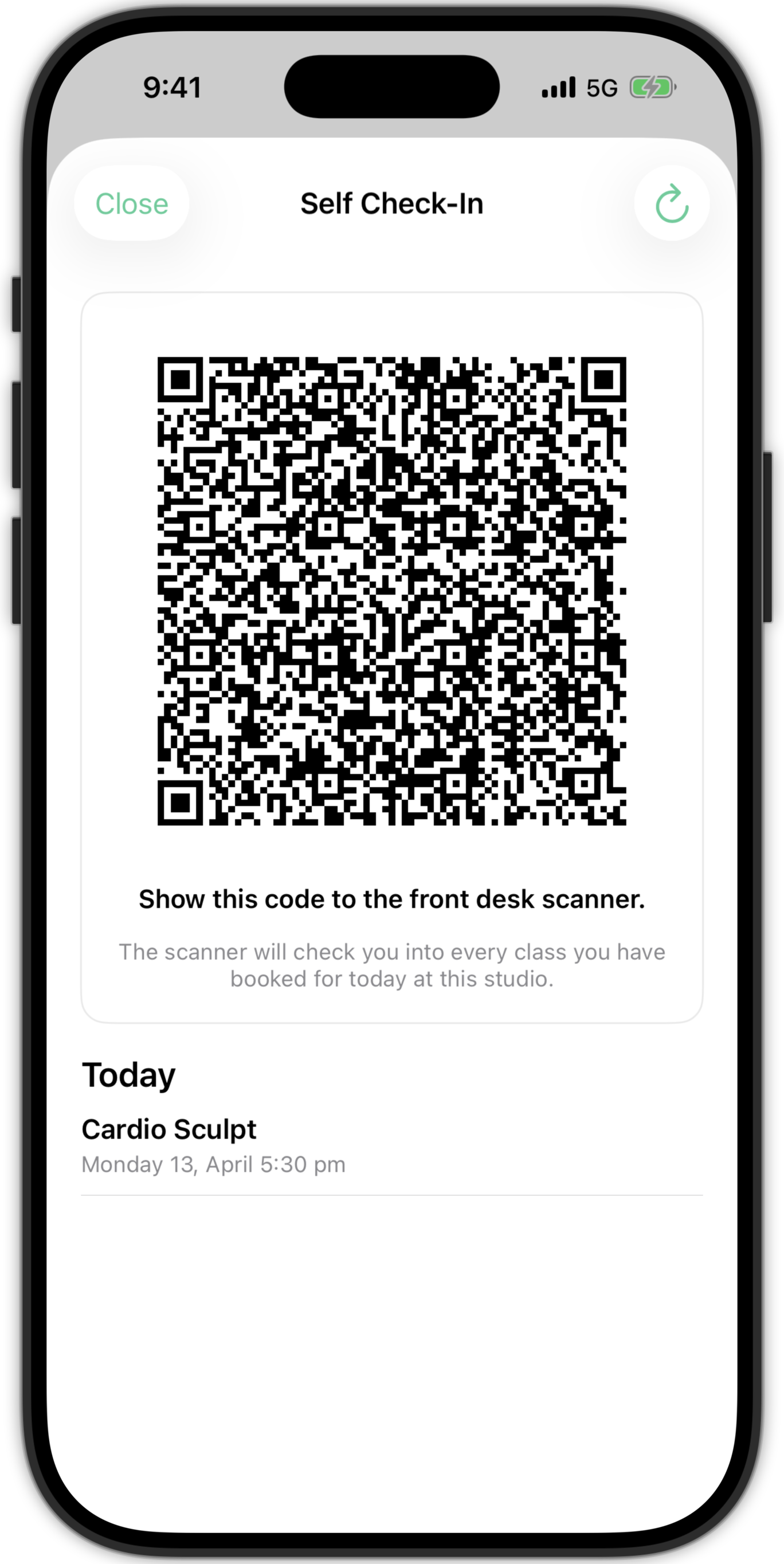 The Self Check-In screen in the Clovo app, showing the client's QR pass above a Today list of the classes the scan will check them into