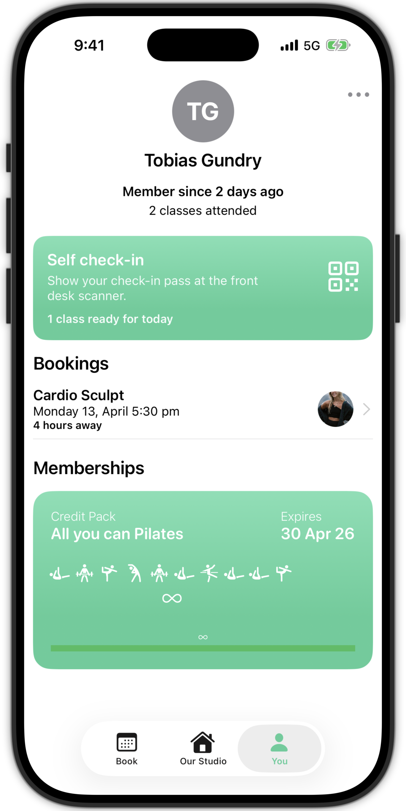 The You tab in the Clovo app, with a green Self check-in card telling the client to show their pass at the front desk scanner and noting how many classes are ready for today