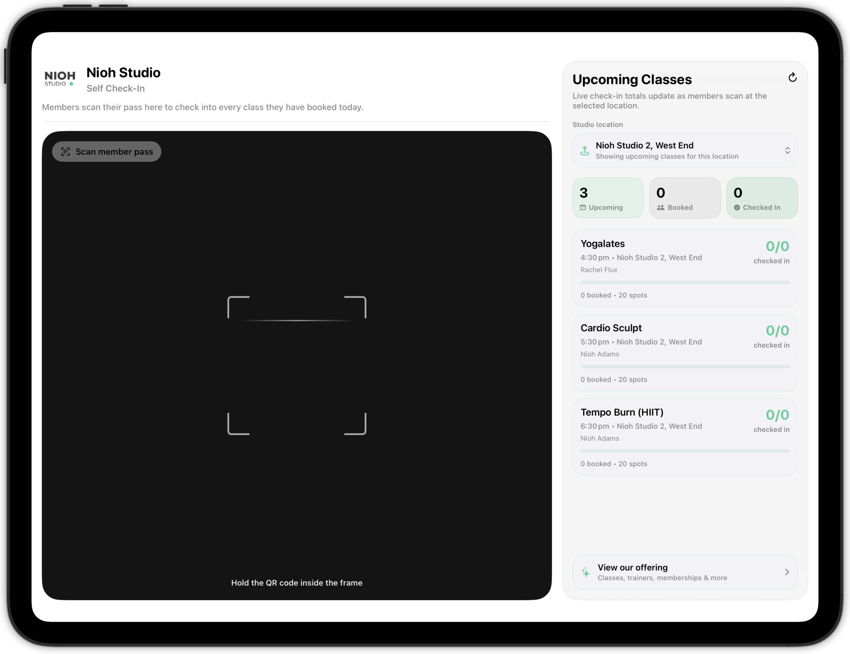 The Clovo self-serve kiosk on an iPad in landscape, with the studio's branded scanner filling the left of the screen and an Upcoming Classes panel on the right showing each class, its instructor and its live checked-in count