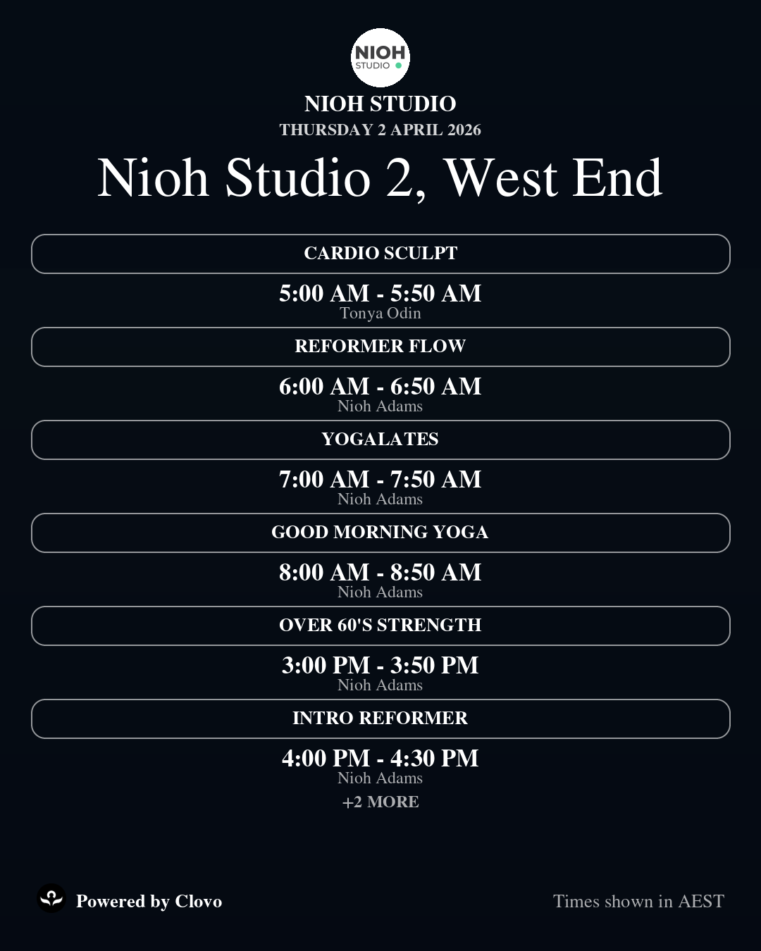 The same timetable in the Levels layout with no background image: the studio logo and location at the top, then each class name in a pill above its time and instructor