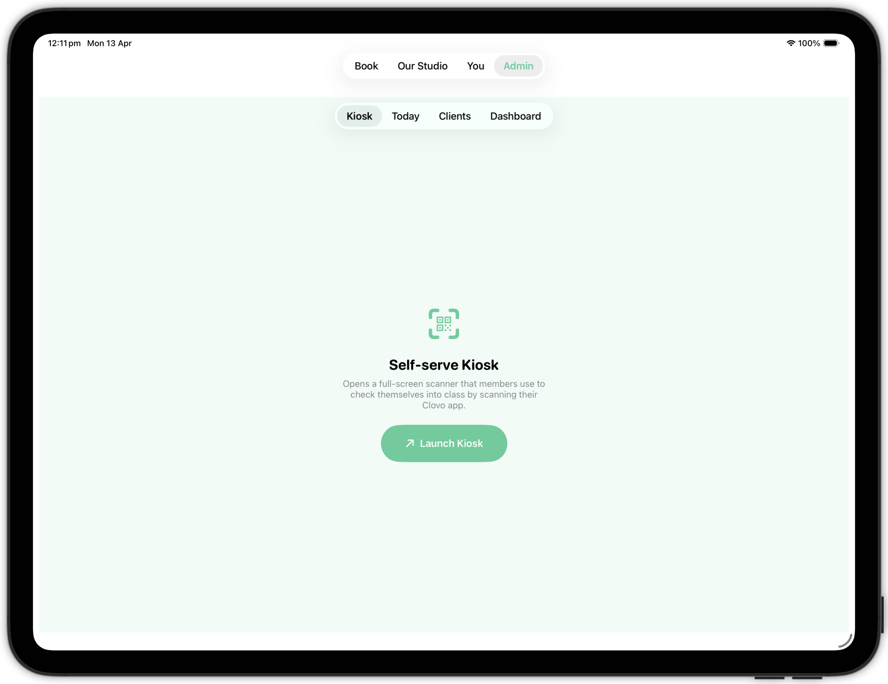 The Kiosk tab under Admin in the Clovo app on iPad, describing the self-serve kiosk and offering a Launch Kiosk button
