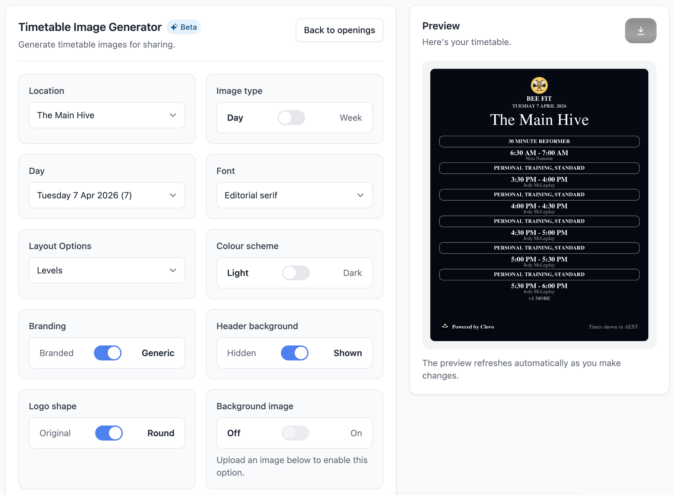 The Timetable Image Generator in Clovo, with location, day or week, font, layout, colour scheme, branding, header, logo shape and background controls on the left and a live preview of the timetable image on the right