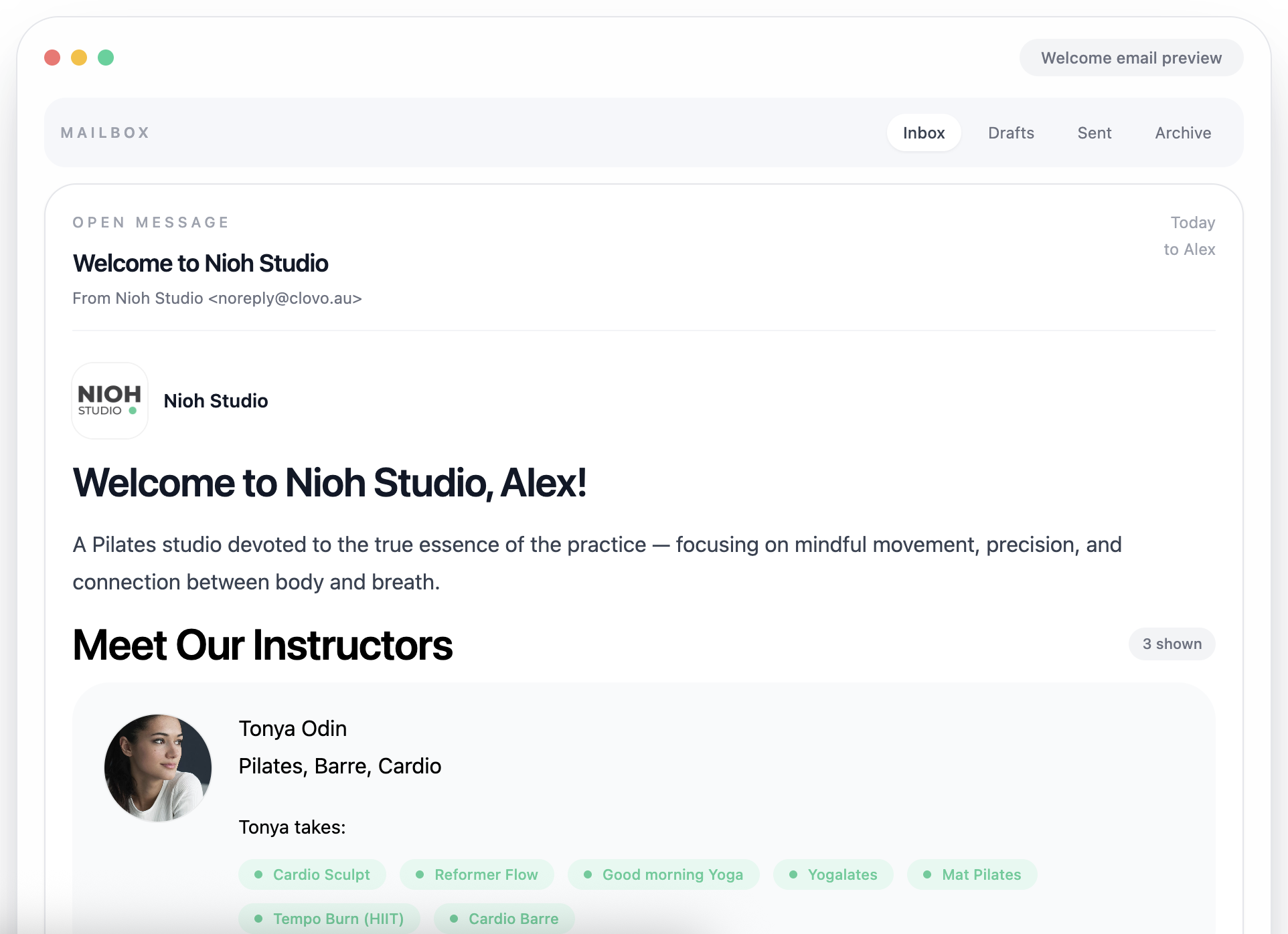 The welcome email preview, showing the studio logo and greeting above a Meet Our Instructors section where each instructor is listed with their photo and the classes they take