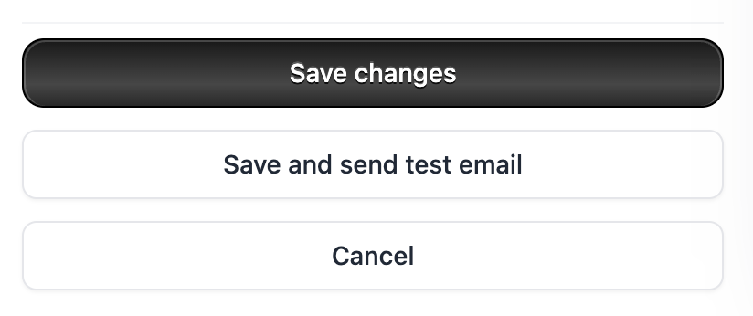 The buttons at the foot of the Welcome email settings: Save changes, Save and send test email, and Cancel