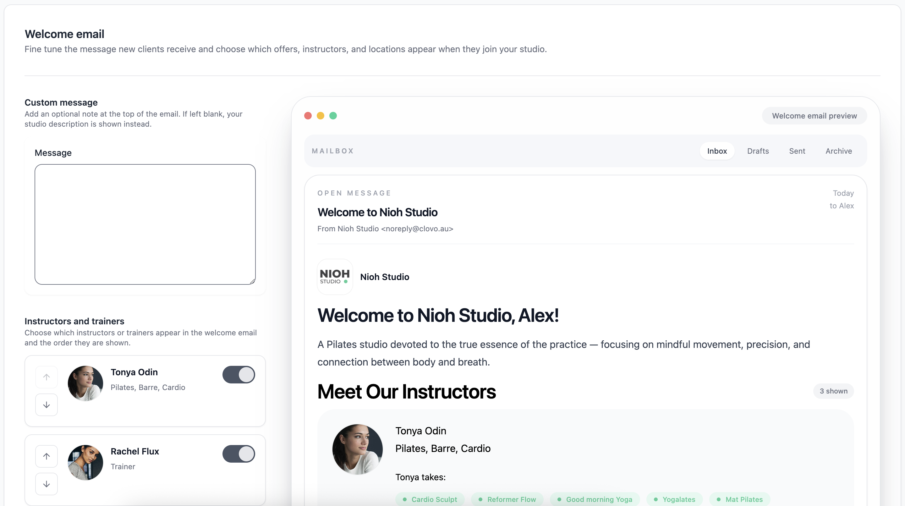 The Welcome email settings screen, with the custom message field and reorderable instructor list on the left and a live preview of the branded email on the right