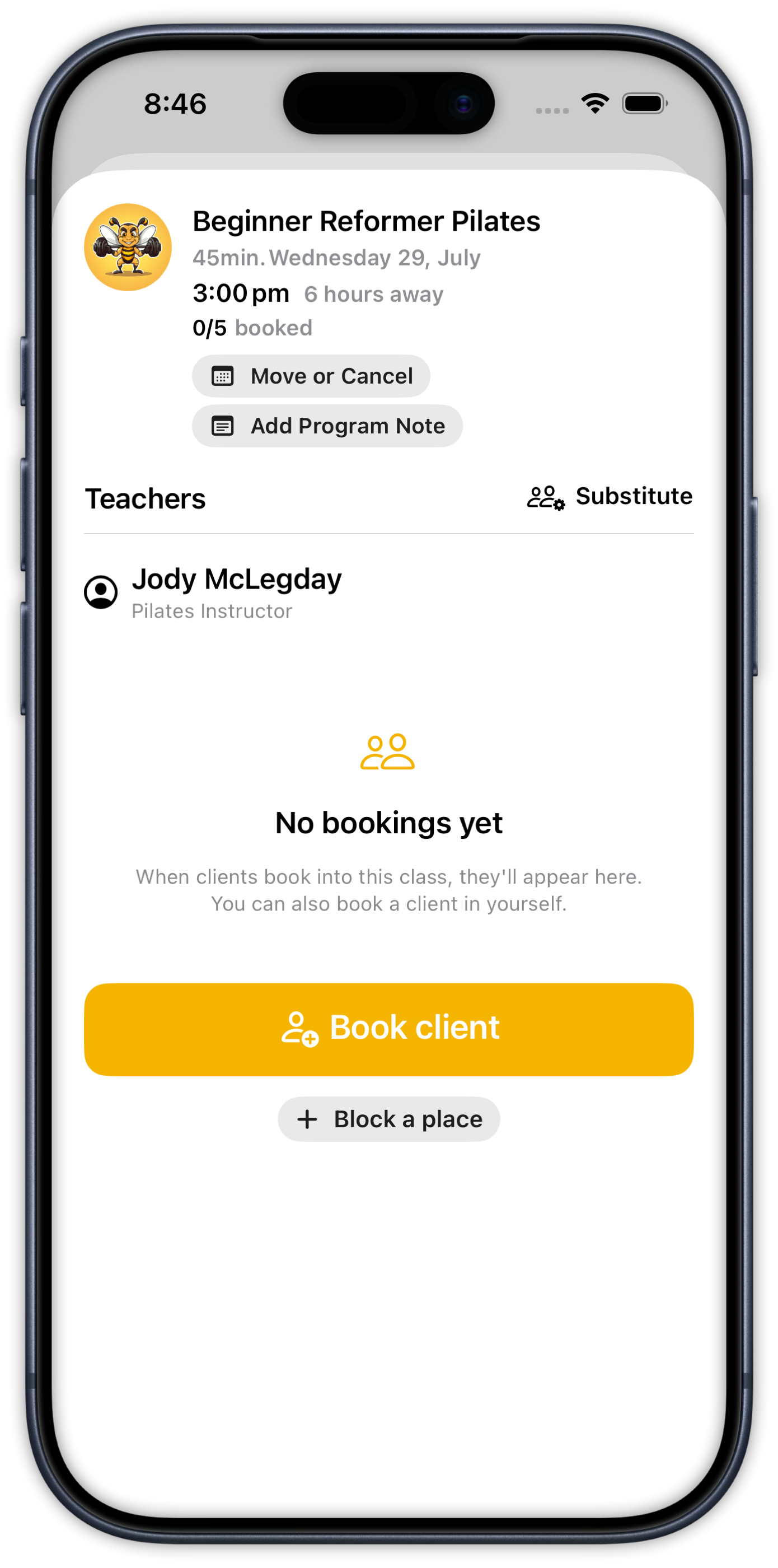 A class opening in the Clovo app, with the Add Program Note button beneath the class name, time and booking count