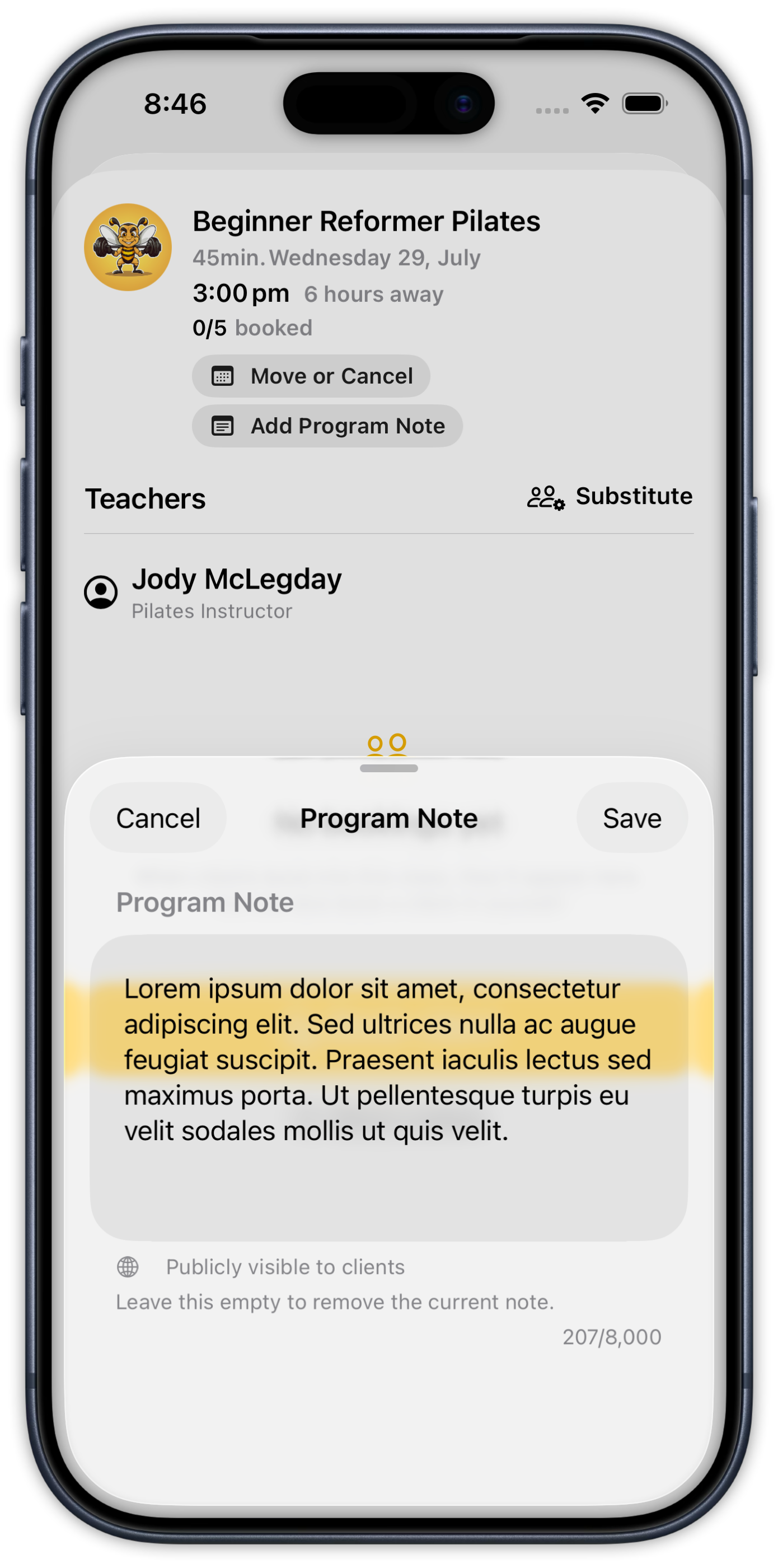 The Program Note sheet in the Clovo app, with the note typed into the text field, a Save button in the top corner, and a reminder that the note is publicly visible to clients