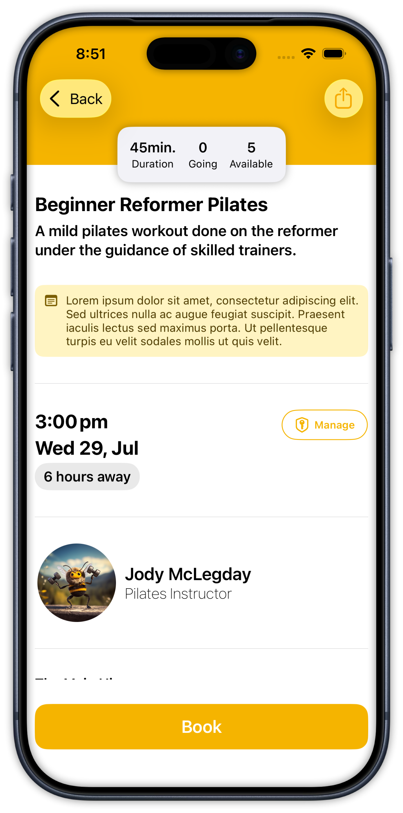 The class details screen in the Clovo app, with the full program note in a yellow panel below the class description