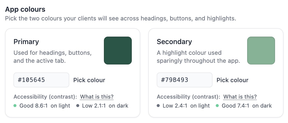 The App colours panel, with a contrast reading under each colour showing a result on light and on dark