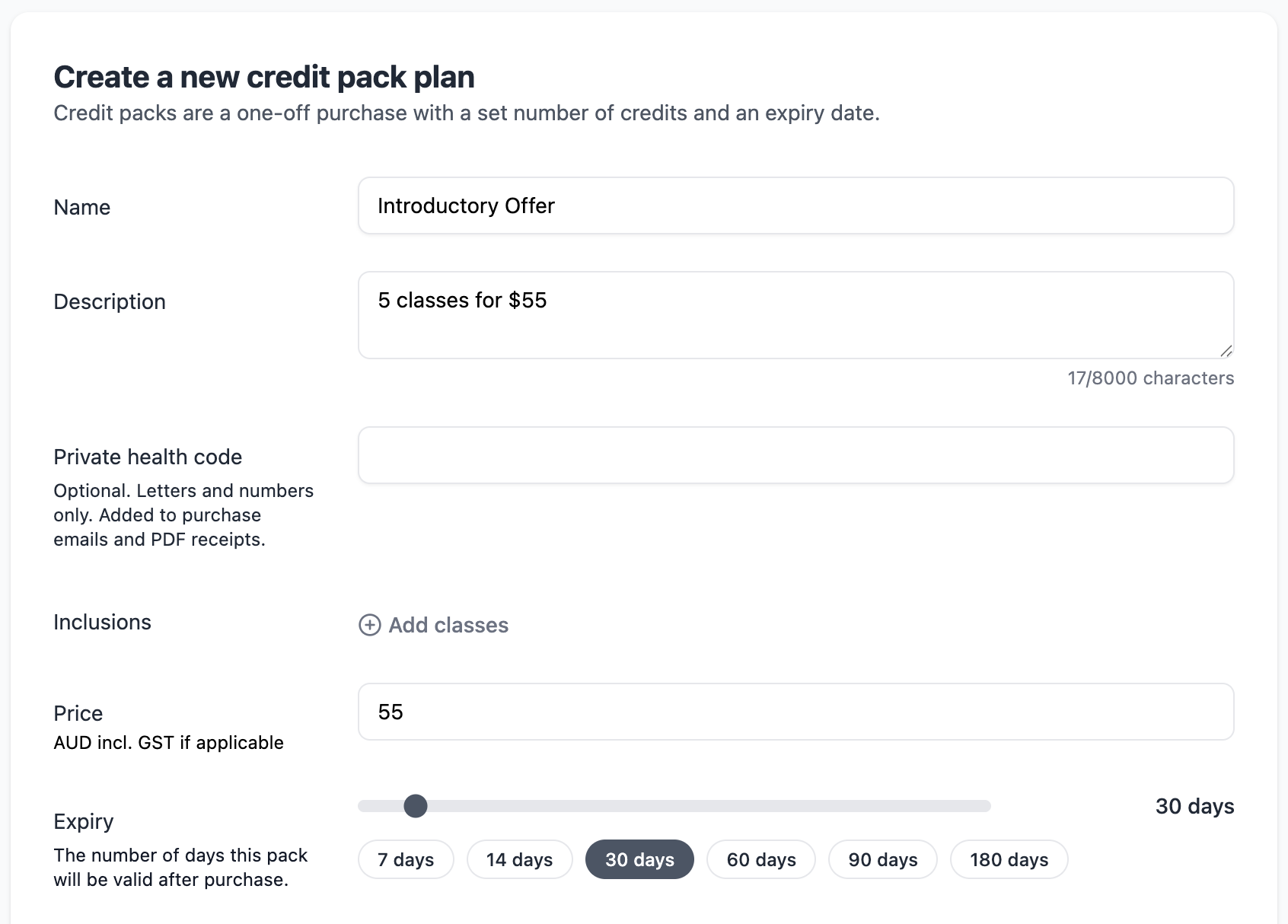 Creating a new credit pack plan in Clovo named Introductory Offer, priced at $55 for 5 classes with a 30 day expiry
