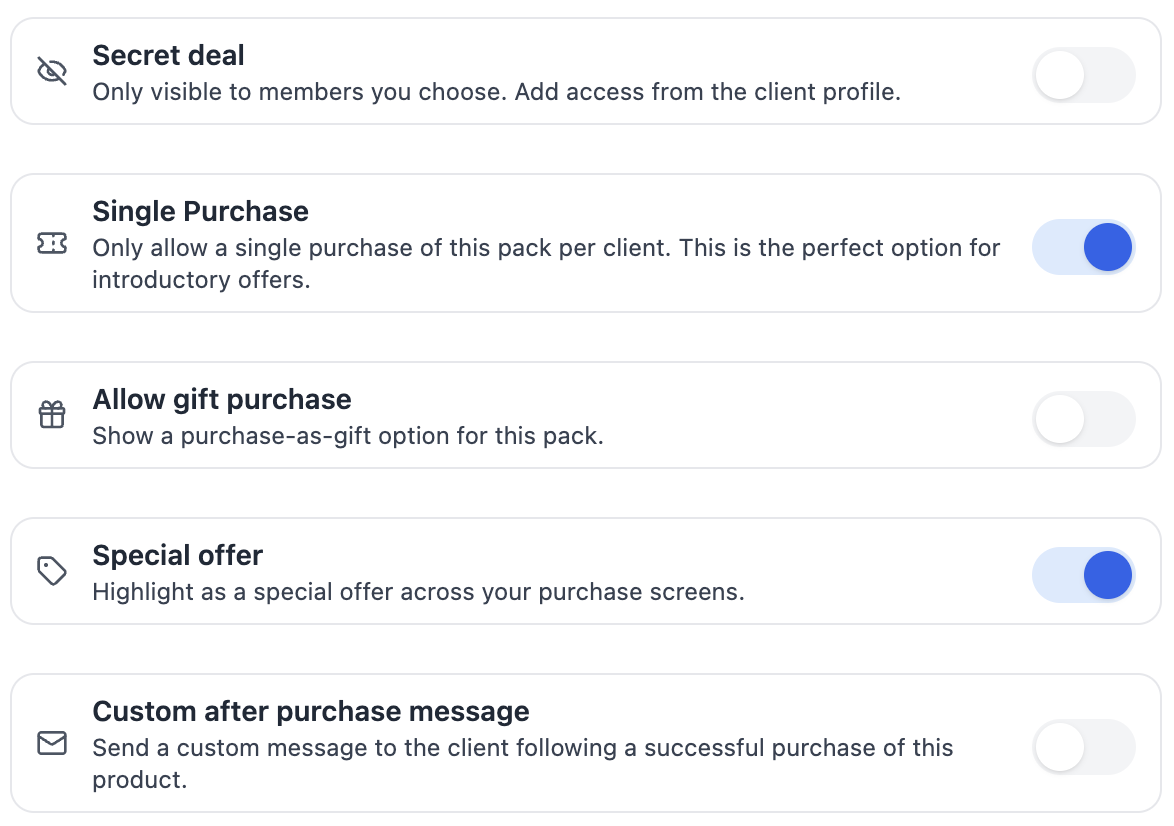 Credit pack settings in Clovo with the Single Purchase and Special offer toggles switched on