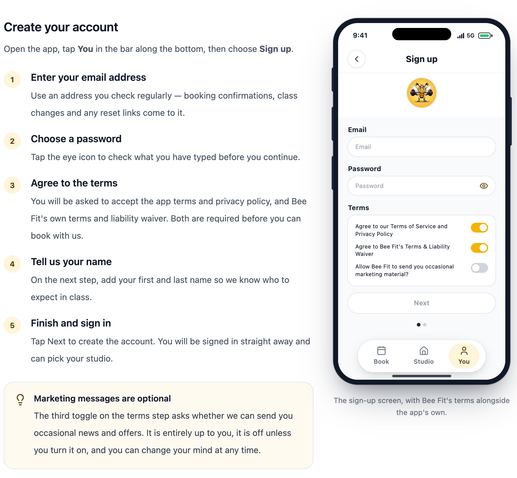 A member help centre article on creating an account, with numbered steps on the left and a phone mockup of the studio's own sign-up screen on the right