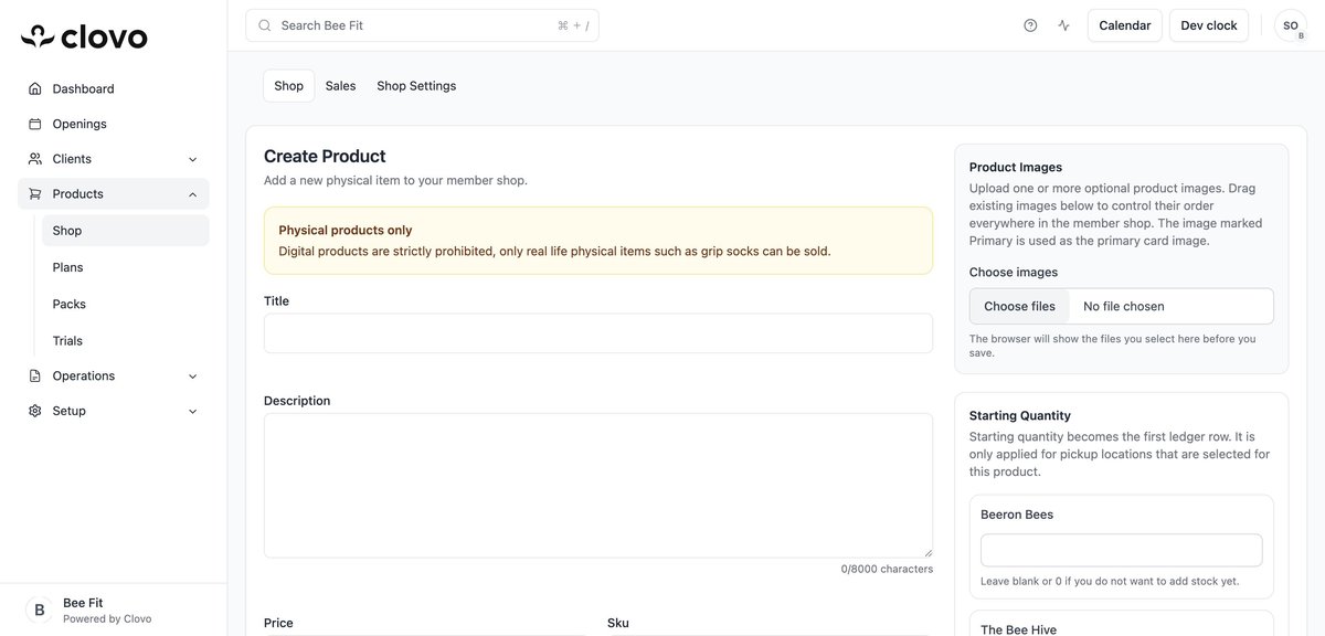 Create Product form showing title, description, price, SKU, pickup locations, and product image fields