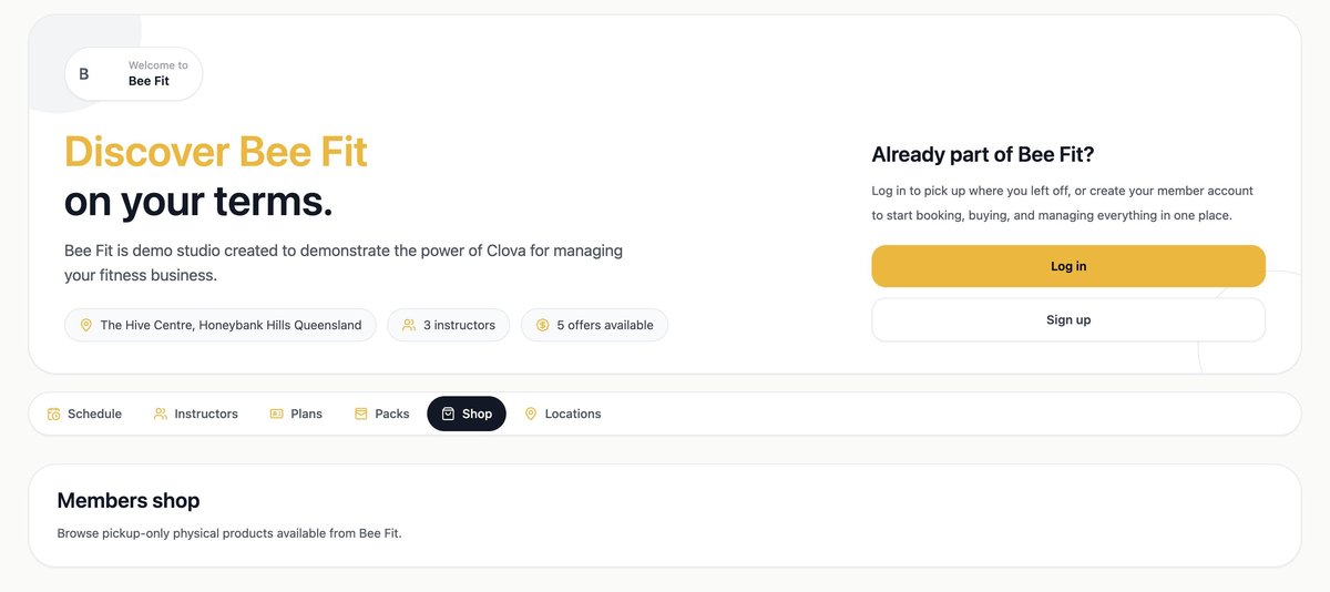 Landing page showing the Shop tab where members can browse and purchase products