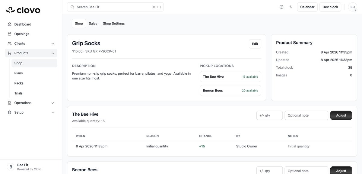 Product detail page showing pickup locations, stock levels, adjustment controls, and the stock ledger