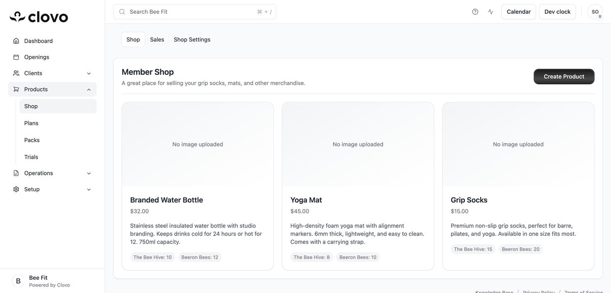 Member Shop product listing showing product cards with prices and stock levels