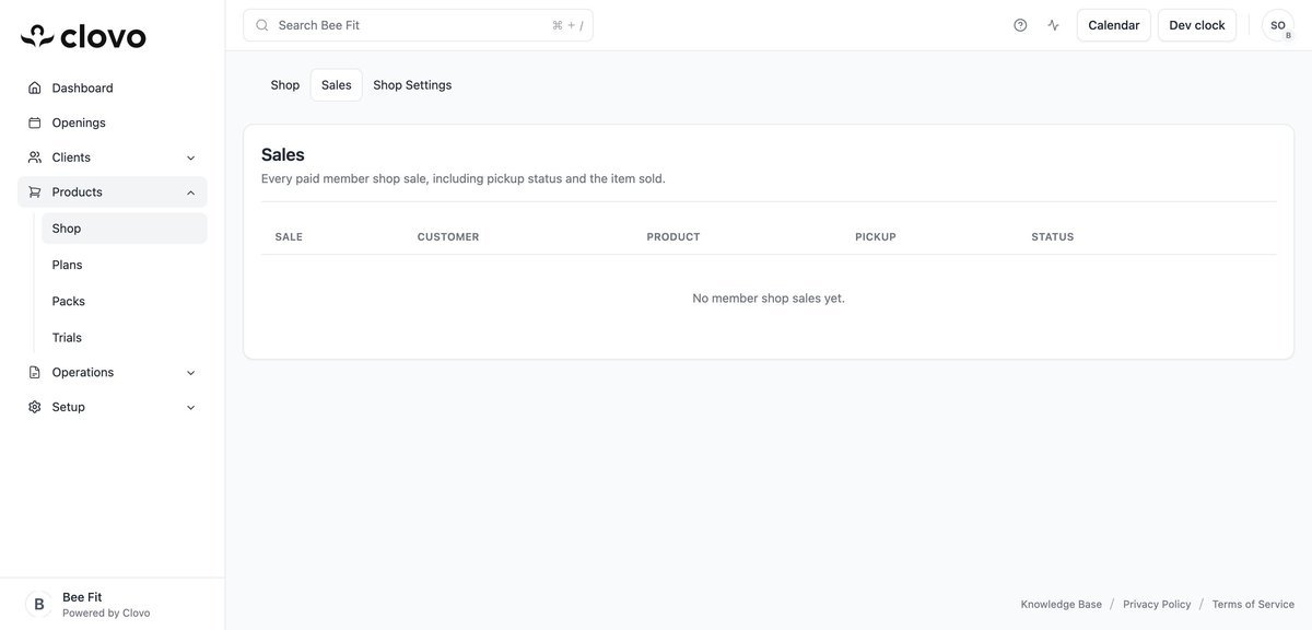 Sales tab showing columns for Sale, Customer, Product, Pickup, and Status