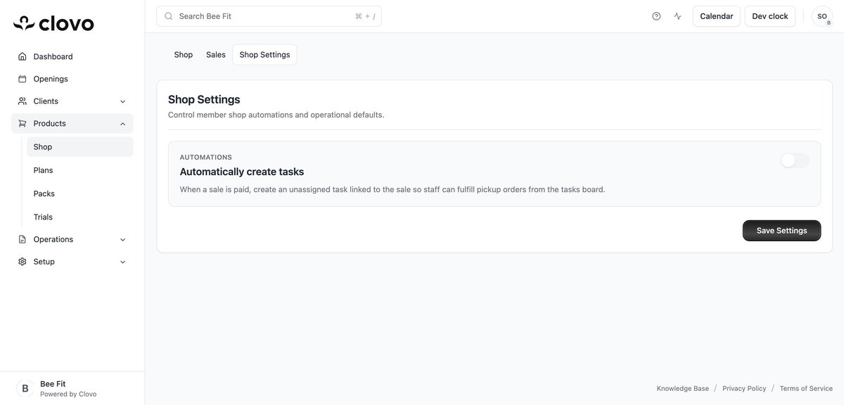 Shop Settings page showing the Automatically create tasks toggle under the Automations section