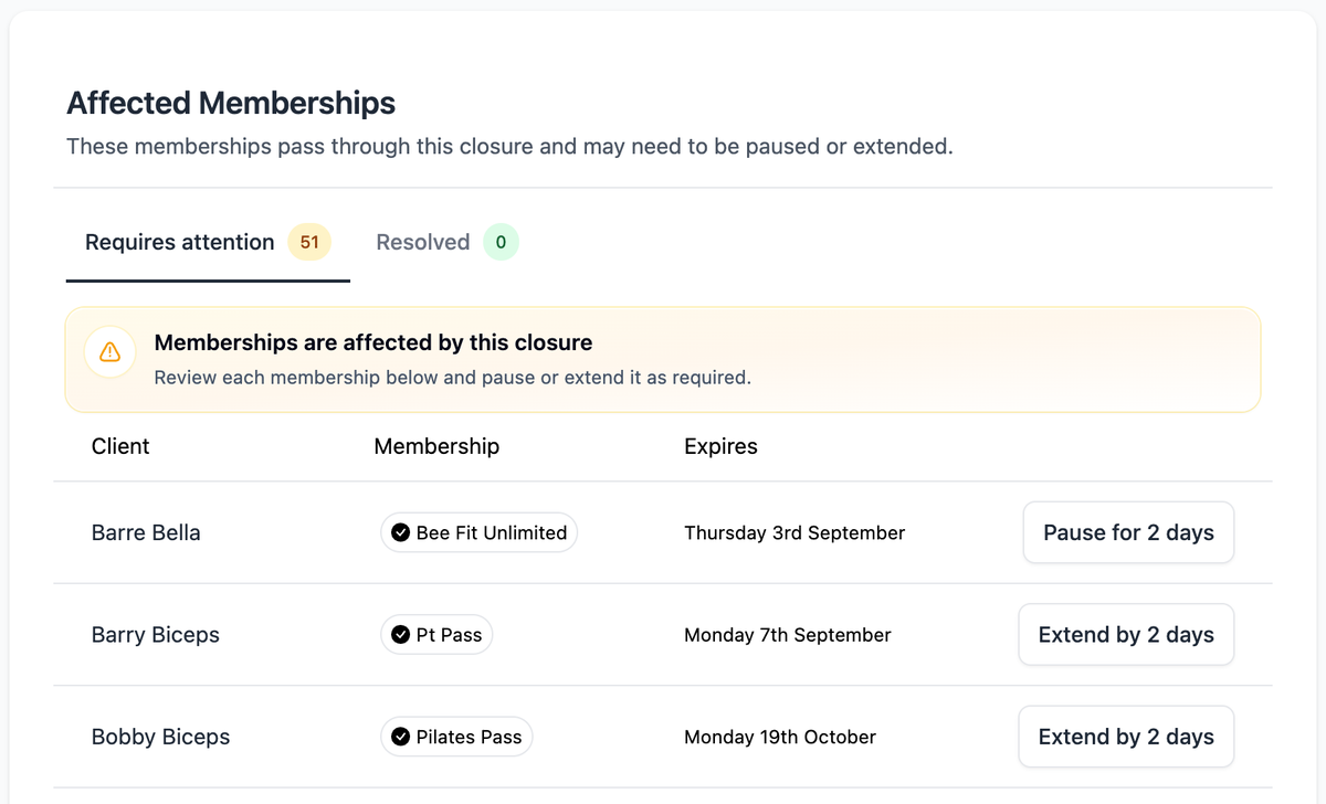 Affected Memberships list on the closure screen with Extend and Pause options