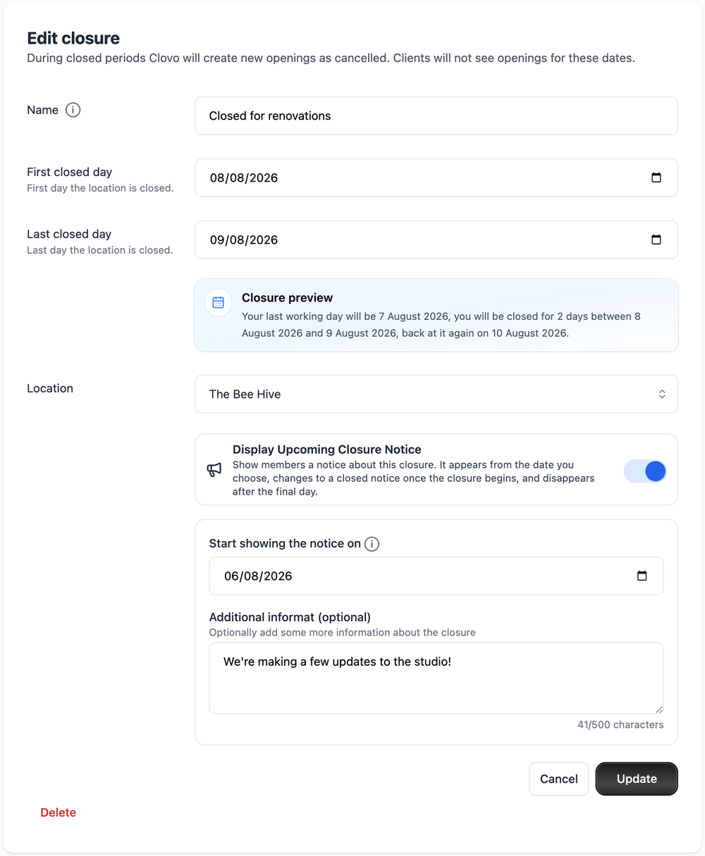 The Add closure form in Clovo Studio showing name, first and last closed day, closure preview, location and notice settings