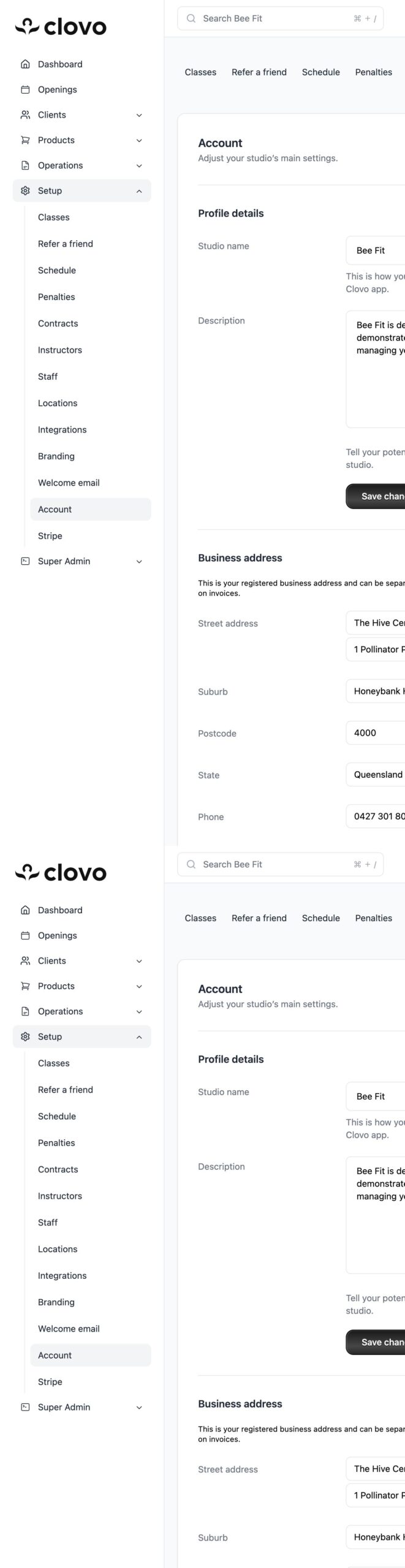 Clovo settings screen